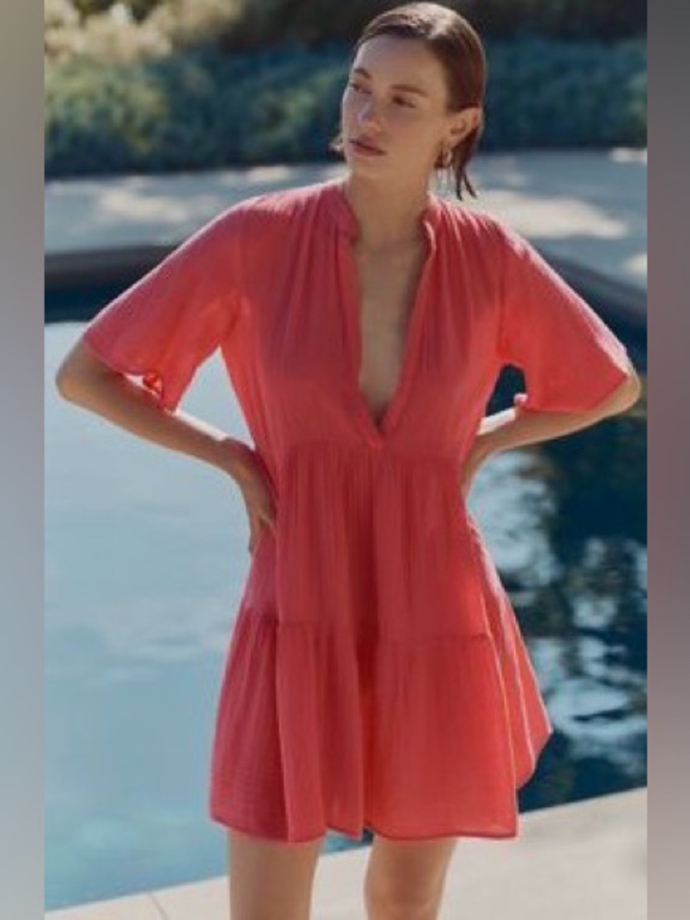 Anthropologie Women's Coral Red Plunge Swim Cover-Up Dress